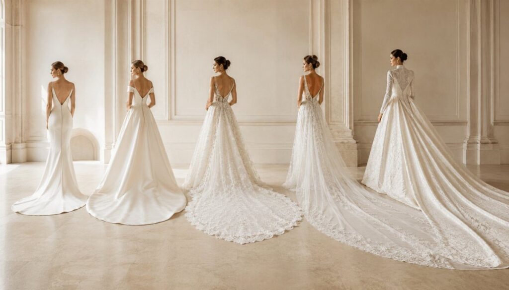 Five women in white wedding dresses with long cathedral trains in a white room