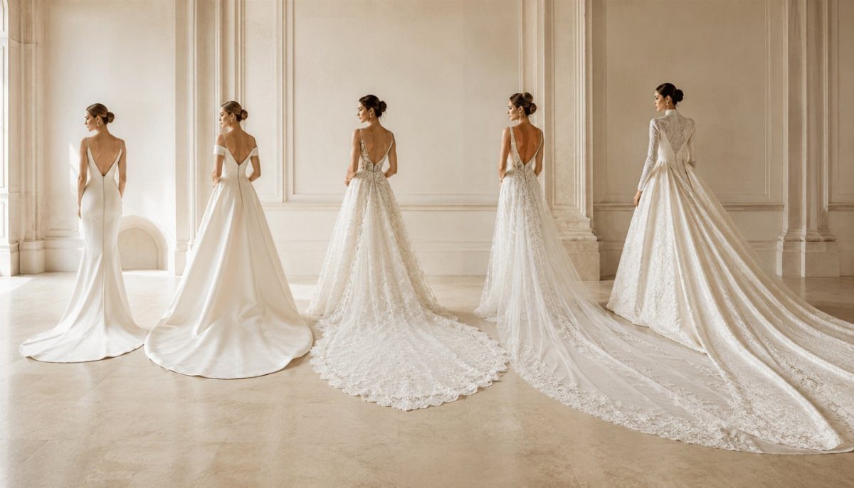 Five women in white wedding dresses with long cathedral trains in a white room