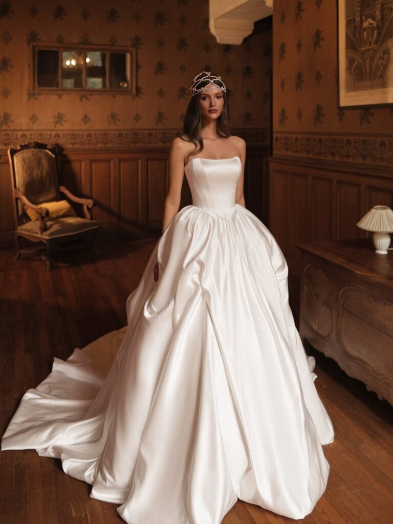 Woman in a voluminous white satin ball gown wedding dress and sparkling tiara.