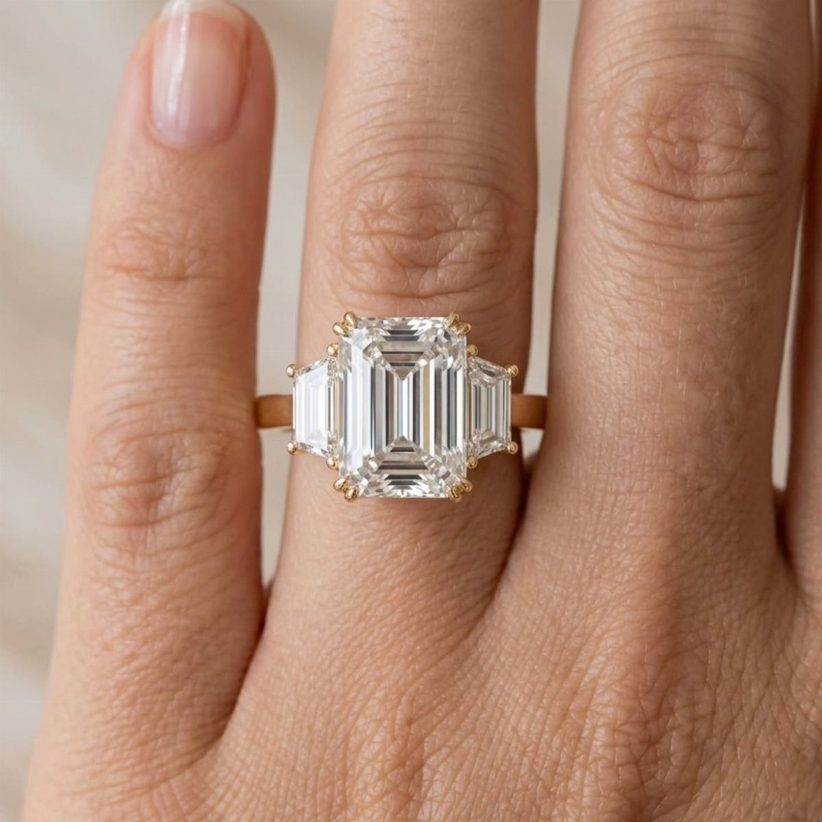Gold engagement ring with emerald-cut center diamond and baguette side stones on finger