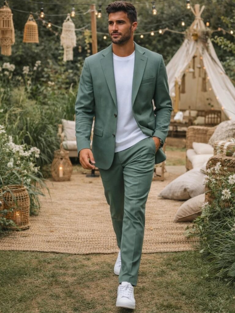 Man in a sage green suit and white sneakers walking in a garden