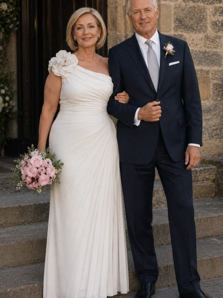 Mature couple posing on stone steps, woman in one-shoulder white wedding gown