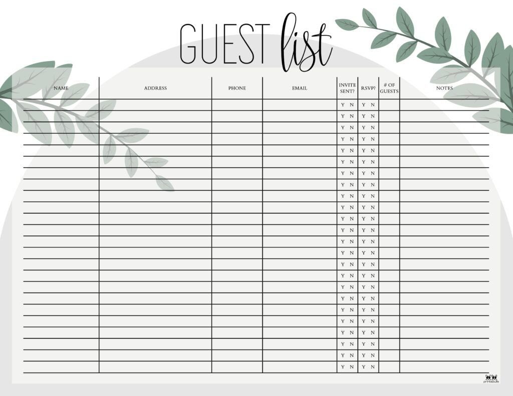 Wedding guest list template with RSVP column and green leaf accents.