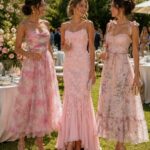 Three women in pink floral and lace wedding guest dresses standing outdoors.