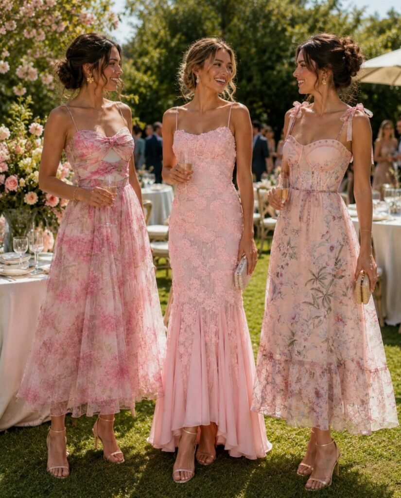 Three women in pink floral and lace wedding guest dresses standing outdoors.
