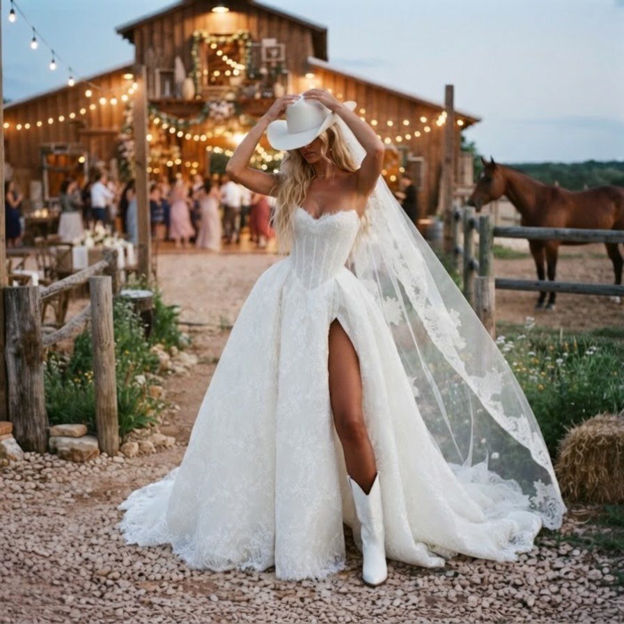 Bride in a white wedding dress, cowboy hat, and boots before a rustic barn.